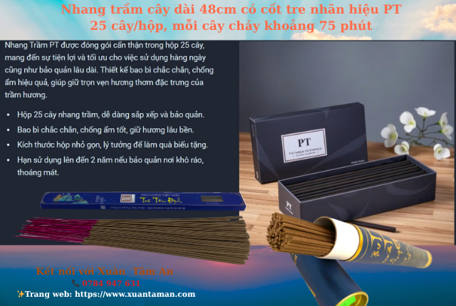 Nhang Trầm PT - Cây Dài 48cm Lõi Tre.